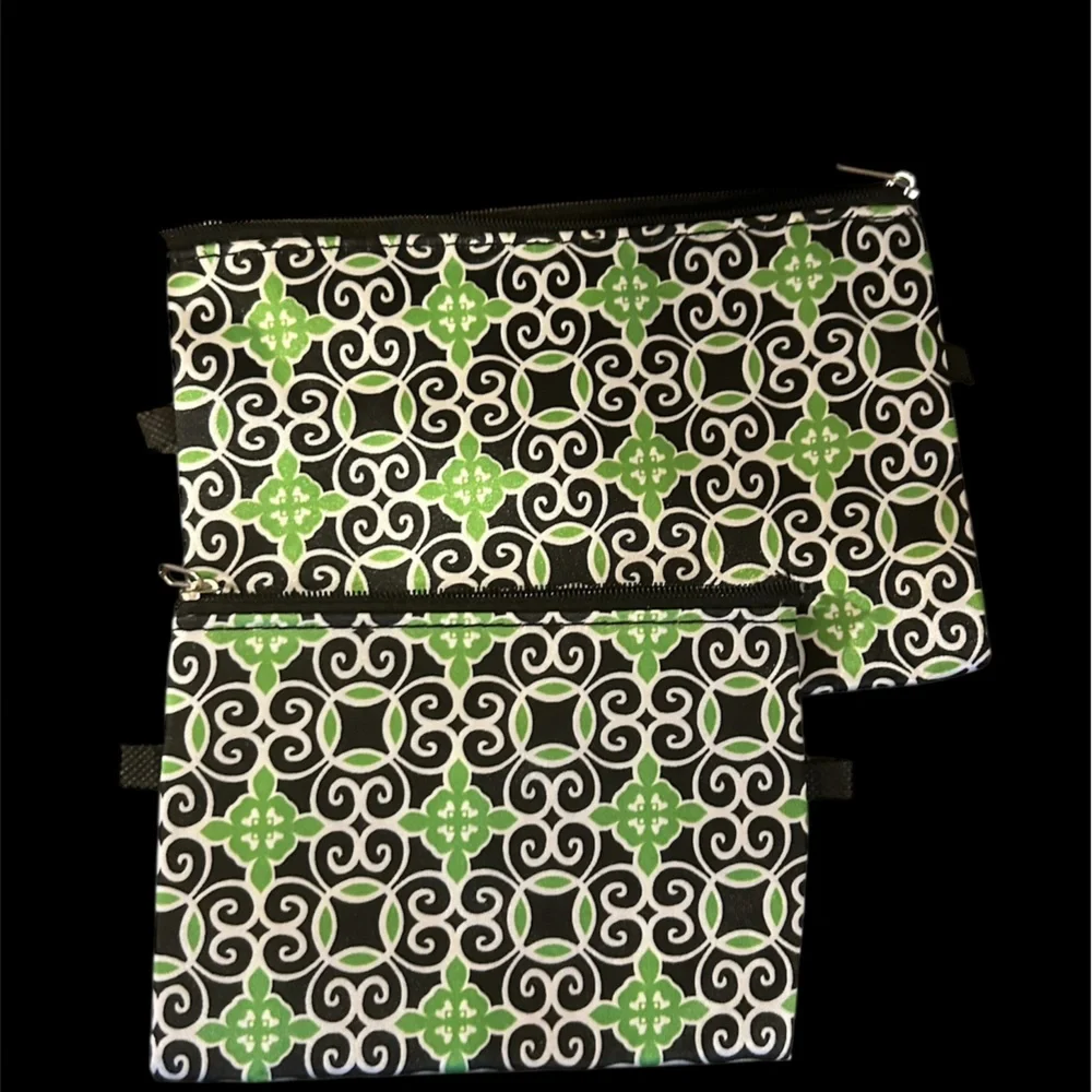 Sassy & Chic cosmetic bags featuring a green, black, and white geometric tile